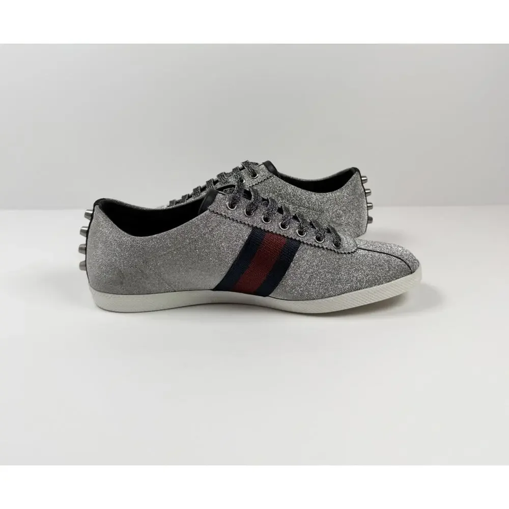 Size 8.5US - Gucci Bambi Web Silver Glitter Stud Sneakers